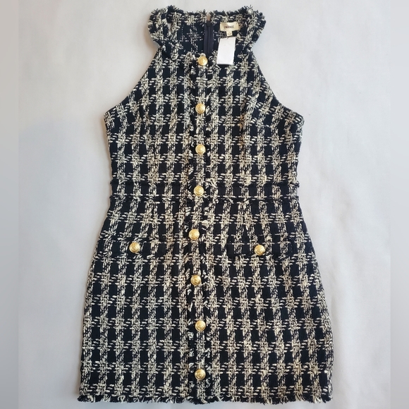 NWT$475 L'AGENCE Jade Tweed Button Mini Dress Houndstooth Black White Gold US 10 - Picture 8 of 16